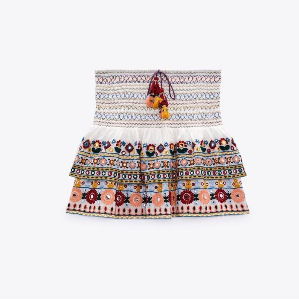 Zara Mini Skirt with Contrast Embroidery Gypsy Boho Smocked Tassel